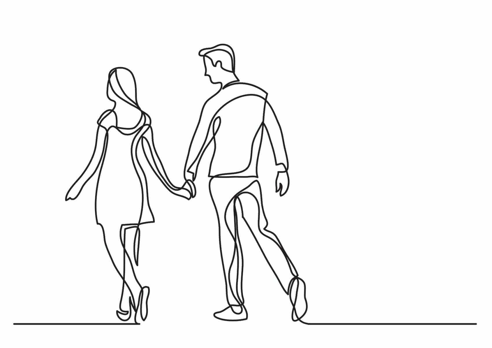 Line drawing of couple walking Mile High Psychology Example of nurturing, emotional connection through couples work