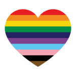 Heart-shaped Progress Pride Flag with rainbow, trans, Black, and Brown stripes.